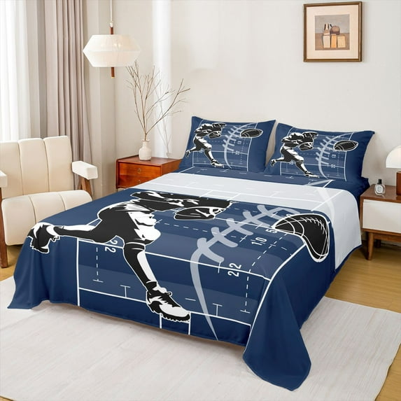 Homewish Football Print 4-Piece Full Size Sheets for Female Men Teens,Ball Game Bed Sheets,Sport Theme Lightweight Sheet Sets,Ultra Soft Home Decor