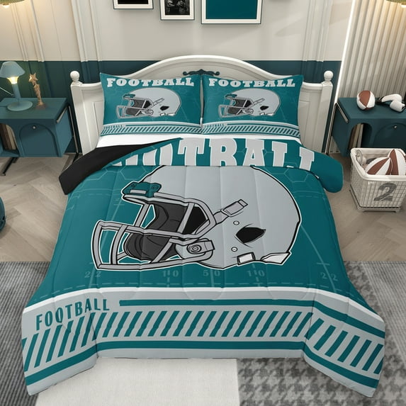 Homewish Football Rugby Helmet Full Size Comforter Sets, Modern Teal Stripe Abstract Bedding Comforter Set, Cartoon Sports Theme Reversible Bedding Sets, Microfiber Bedroom Decor, 3-Piece
