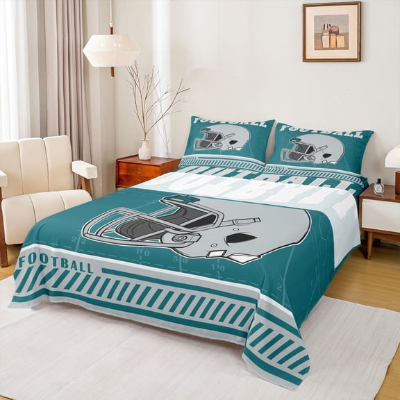 Homewish Football Rugby Helmet Queen Sheet Sets, Modern Teal Stripe Abstract Flat Sheet, Cartoon Sports Theme Queen Fitted Sheet, Microfiber Bedroom Decor, 4-Piece