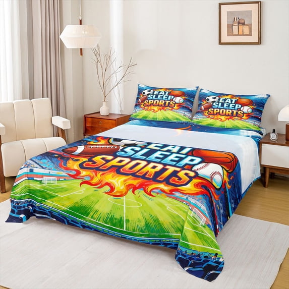 Homewish Football Soccer Baseball Basketball Boy Girl Full Size Sheets 4-Piece,Eat Sleep Sports Breathable Bed Sheets,Ball Gamer Lightweight Sheet Sets,Breathable Home Decor
