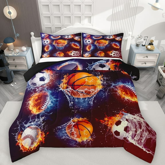 Homewish Football Soccer Basketball 2pcs Bedding Comforter Set For Teens,Sport Theme Twin Comforter Sets,Ball Game Breathable Bedding Set,Luxury Bedroom Decor,Reversible