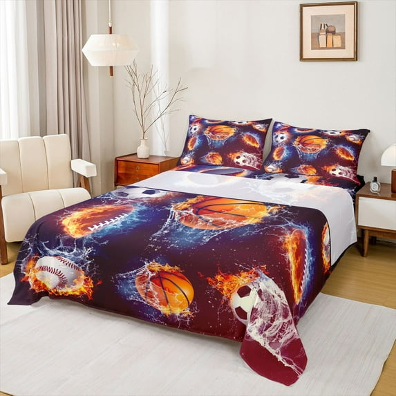 Homewish Football Soccer Basketball 3pcs Twin Sheet Sets For Teens,Sport Theme Twin Fitted Sheet,Ball Game Breathable Flat Sheet,Luxury Bedroom Decor