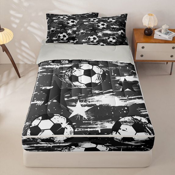 Homewish Football Soccer Theme Zipper Full Size Comforter Sets with Fitted Sheet and 2 Pillowcases,Kids Ball Sport Games Zipper Bedding Set For Kids Boys,Lightgray Reversible,4 Pieces