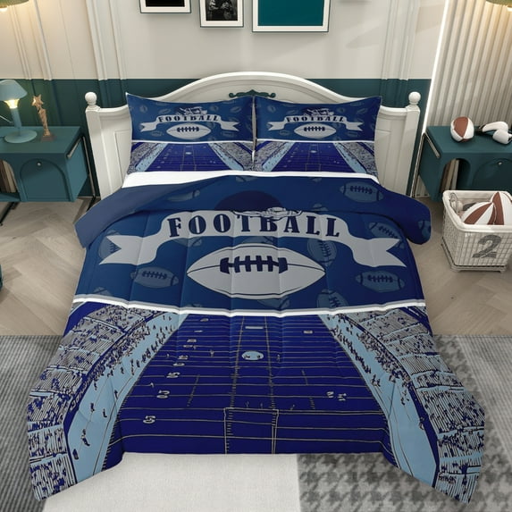 Homewish Football Sport City Queen Comforter Set,Rugby Game Bedding Sets,Gray Deepblue Bedding Comforter Set For Kids,Luxury Bedroom Decor Reversible,3pcs