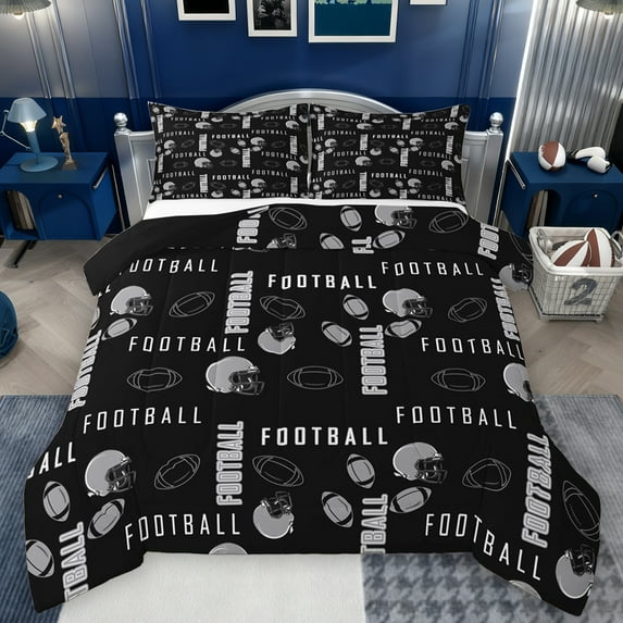 Homewish Football Sport Full Size Comforter Sets,Rugby Helmet Bedding Comforter Set,Gray Black Bedding Sets For Boys Teens,Breathable Home Decor Reversible,3pcs