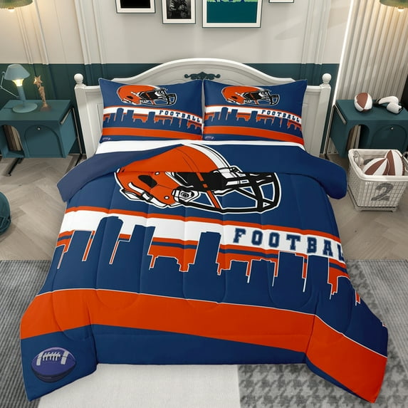 Homewish Football Sport Game Queen Comforter Set,Rugby City Bedding Sets,Orange Deepblue Bedding Comforter Set For Kids,Luxury Bedroom Decor Reversible,3 Pieces