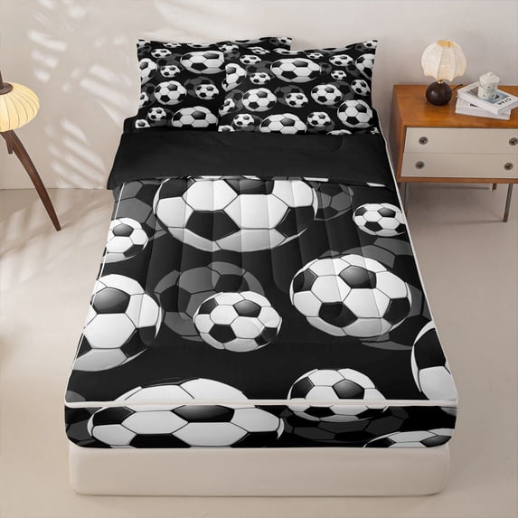 Homewish Football Sport Game Zipper Twin Comforter Sets with Fitted Sheet and 2 Pillowcases,Soccer Ball Gaming Zipper Bedding Set For Kids Boys,Black Reversible,4 Pieces