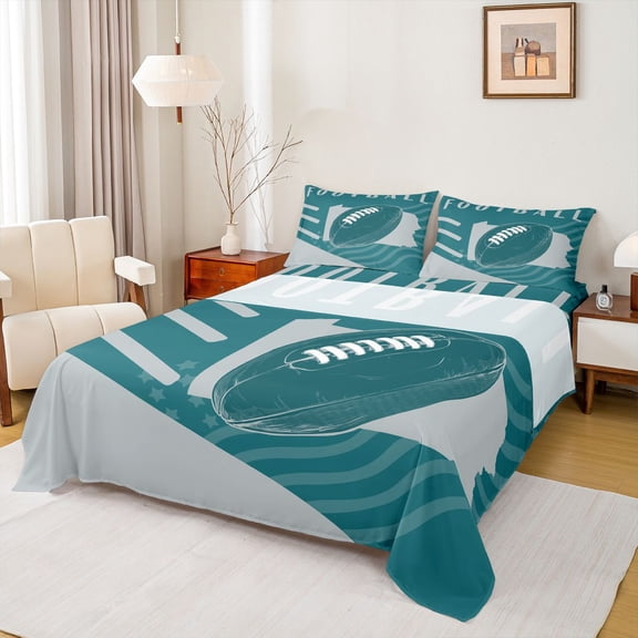 Homewish Football Sports Lover Twin Sheet Sets, Teal Cartoon Soccer Twin Fitted Sheet, Teens Kids Boys Girls Flat Sheet, Microfiber Bedroom Decor, 3-Piece