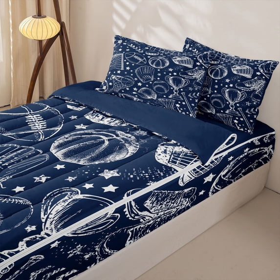 Homewish Football Sports Zipper Full Size Comforter Sets with Fitted Sheet and 2 Pillowcases, Navy Star Zipper Bedding Set for Boys and Girls, Navy Reversible, 4-Piece