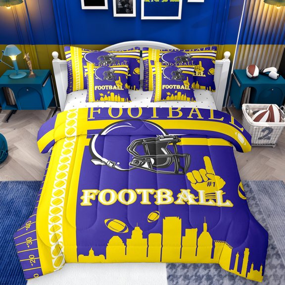 Homewish Football Style 7-Piece Bedding Comforter Set,Yellow Purple King Bedding Sets,Rugby Helmet Bed Sheets For Boys Kids,Breathable Home Decor Reversible