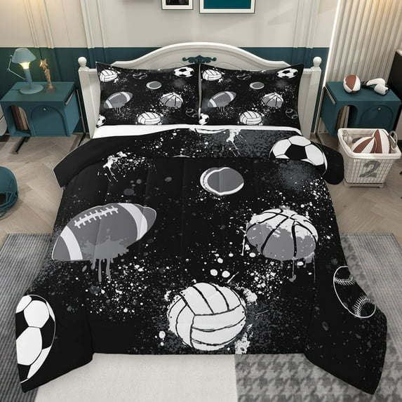 Homewish Football Volleyball Basketball Boy Girl Bedding Comforter Set 2pcs,Graffiti Splash Twin Comforter Sets Microfiber,Sport Gamer Breathable Bedding Set,Breathable Home Decor,Reversible