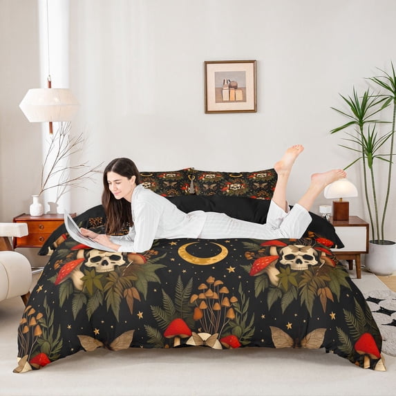 Homewish Forest Moon Mushroom Skull Bedding for Kids, Brown Moth Star Witchy Halloween Duvet Cover Full, Black Reversible, 3pcs, 1 Duvet Cover and 2 Pillowcases