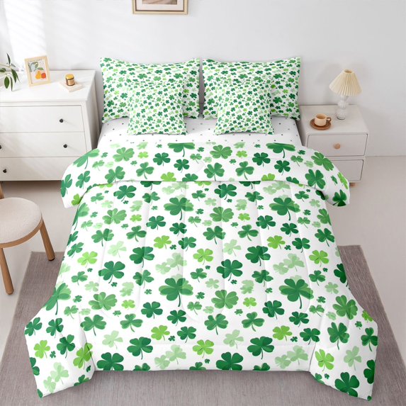 Homewish Four Leaf Clover 7pcs Bedding Comforter Set For Teens Female Girls,Botanical Theme Queen Bedding Sets Super Cozy,Green Plants Leaves Queen Sheet Sets,Lightweight Room Decor,Reversible
