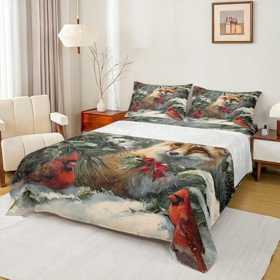 Homewish Fox Red Sparrow 3pcs Twin Sheet Sets for Kids Children Teens,Merry Christmas Twin Fitted Sheet,Xmas Animal Breathable Flat Sheet,Ultra Soft Home Decor