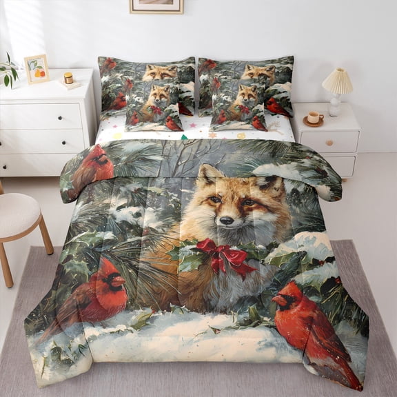 Homewish Fox Red Sparrow 7-Piece Bedding Comforter Set for Kids Children Teens,Merry Christmas King Bedding Sets,Xmas Animal Ultra Soft Bed Sheets,Ultra Soft Home Decor,Reversible