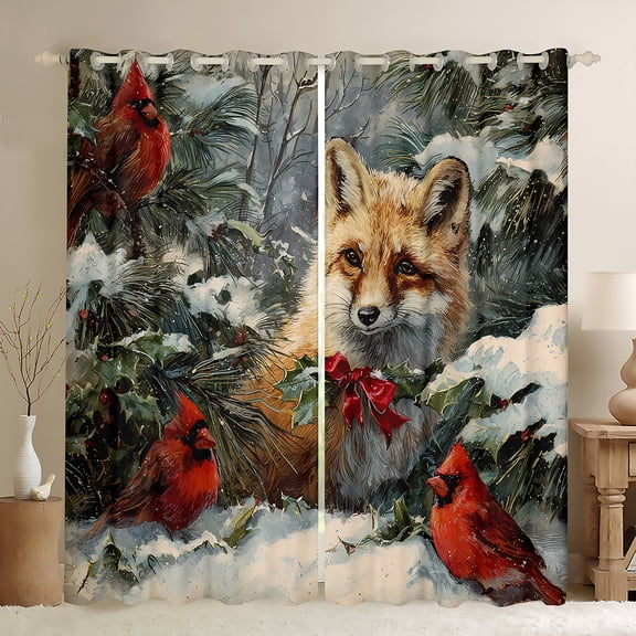 Homewish Fox Red Sparrow Black Out Curtains for Kids Children Teens,Merry Christmas Curtains Pack of 2 (42x63 Each),Xmas Animal Bedroom Curtains,Ultra Soft Home Decor