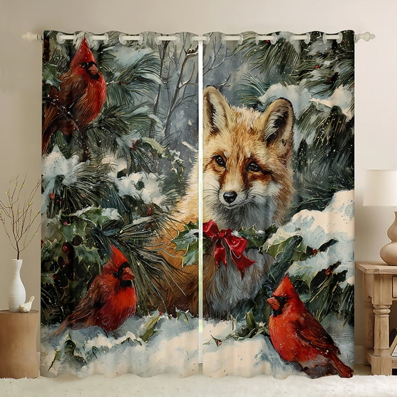 Homewish Fox Red Sparrow Curtains Pack of 2 (42x84 Each) for Kids Children Teens,Merry Christmas Curtains Blackout,Xmas Animal Bedroom Curtains,Ultra Soft Home Decor