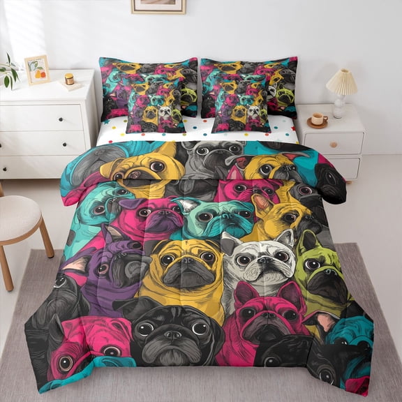 Homewish French Bulldog Dog 7 Pieces Full Size Bedding Sets,Pet Themed Full Size Bed in a Bag,Pink Yellow Blue,Polkadot Reversible