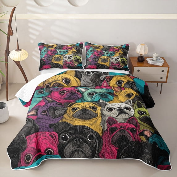 Homewish French Bulldog Dog Bed Spread Queen,Pet Themed Queen Coverlet Set,Pink Yellow Blue,3-Piece