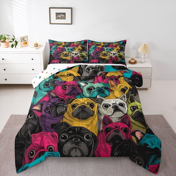 Homewish French Bulldog Dog Queen Comforter Set,Pet Themed Comforter Sets Queen,Pink Yellow Blue,Polkadot Reversible,3 Pieces,1 Comforter and 2 Pillowcases