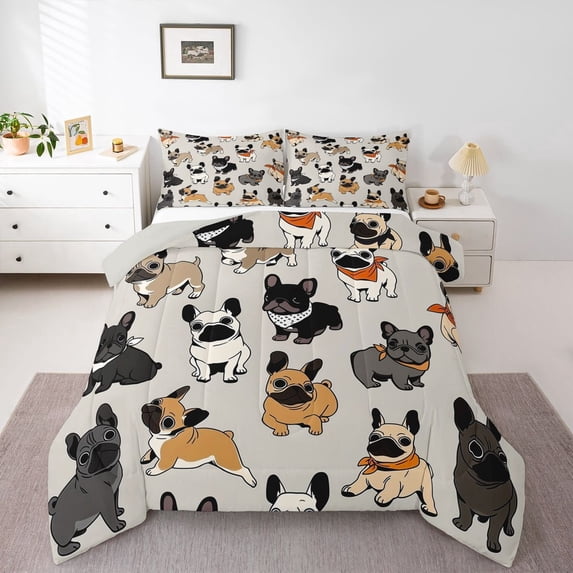 Homewish French Bulldog Full Size Comforter Sets,Cartoon Pet Dog Bedding Comforter Set,Gray,Light Gray Reversible,3-Piece,1 Comforter and 2 Pillowcases