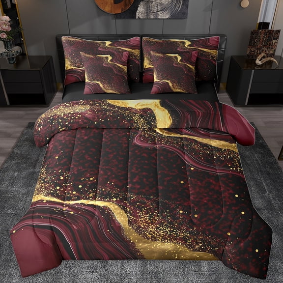 Homewish Fulid Striped Artistic 7-Piece Bedding Comforter Set,Marble Texture Pattern King Bedding Sets,Red Gold Black Bed Sheets For Men Women,Breathable Home Decor Reversible