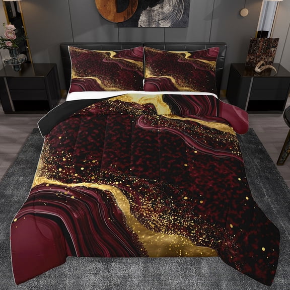Homewish Fulid Striped Artistic Bedding Comforter Set,Marble Texture Pattern Twin Comforter Sets,Red Gold Black Bedding Set For Men Women,Breathable Home Decor Reversible,2 Pieces