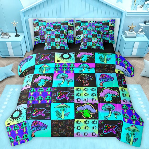 Homewish Fungus Botanical Mushroom 7pcs Bedding Comforter Set,Rustic Bohemian Style Queen Bedding Sets,Neon Blue Black Queen Sheet Sets For Kids,Super Cozy Room Decor Reversible