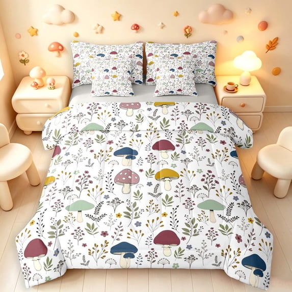 Homewish Fungus Botanical Mushroom 7pcs Queen Bedding,Wild Plants Floral Bedding Comforter Set Queen,White,Light Gray Reversible