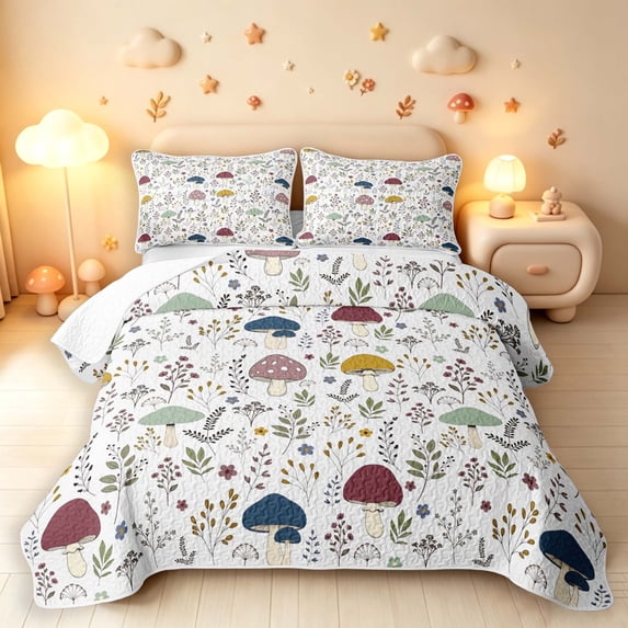 Homewish Fungus Botanical Mushroom Quilt Full,Wild Plants Floral Full Bedspread Sets,White,Light Gray Reversible,3 Pieces
