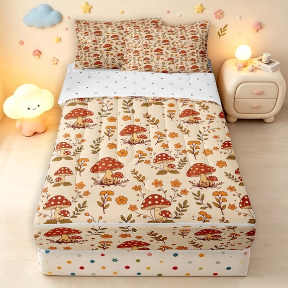 Homewish Fungus Botanical Mushroom Zipper Full Size Comforter Sets With Fitted Sheet And 2 Pillowcases,Vintage Fungus Plant Zipper Bedding Set,Reversible,4Pcs