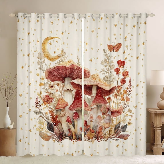 Homewish Fungus Botanical Mushrooms Blackout Curtains,Moon Stars Butterfly Curtains Pack of 2 (42x84 Each),Beige