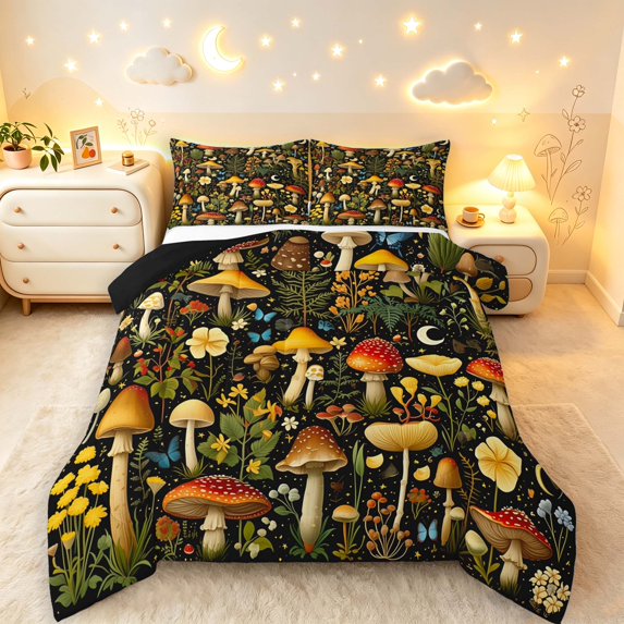 Homewish Fungus Plant Mushrooms Queen Comforter Set,Floral Butterfly Moon Comforter Sets Queen,Black Reversible,3 Pieces,1 Comforter and 2 Pillowcases