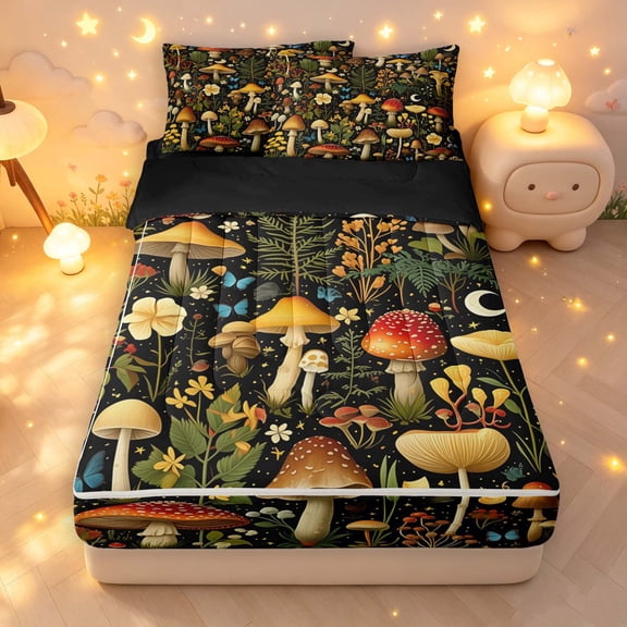 Homewish Fungus Plant Mushrooms Zipper Twin Comforter Sets with Fitted Sheet and 2 Pillowcases,Floral Butterfly Moon Zipper Bedding Set,Black Reversible,4pcs