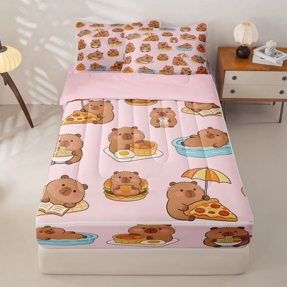 Homewish Funny Capybara Pattern Zipper Twin Comforter Sets with Fitted Sheet and 2 Pillowcases,Hawaii Summer Holiday Zipper Bedding Set For Kids Girls,Reversible,4-Piece