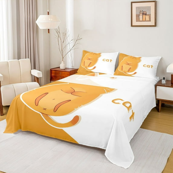 Homewish Funny Cat Animal Queen Sheet Sets for Kids, Kawaii Kitten Lover Flat Sheet, Cute Cartoon Queen Fitted Sheet, Lightweight Room Decor, 4-Piece