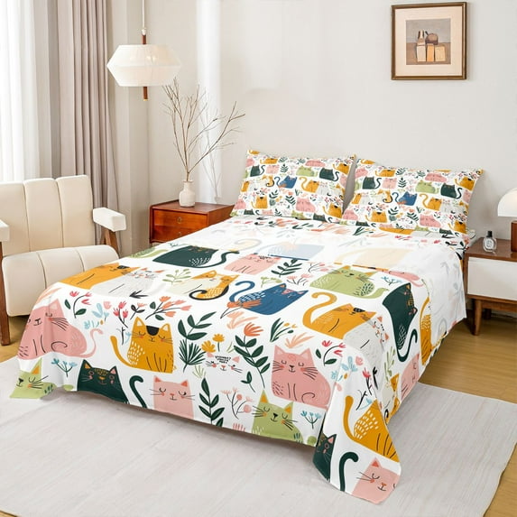 Homewish Funny Cat Kitten Bed Sheets for Teens, Rustic Leaf Botanical King Sheets, Kawaii Animal Sheet Set, Microfiber Bedroom Decor, 4-Piece