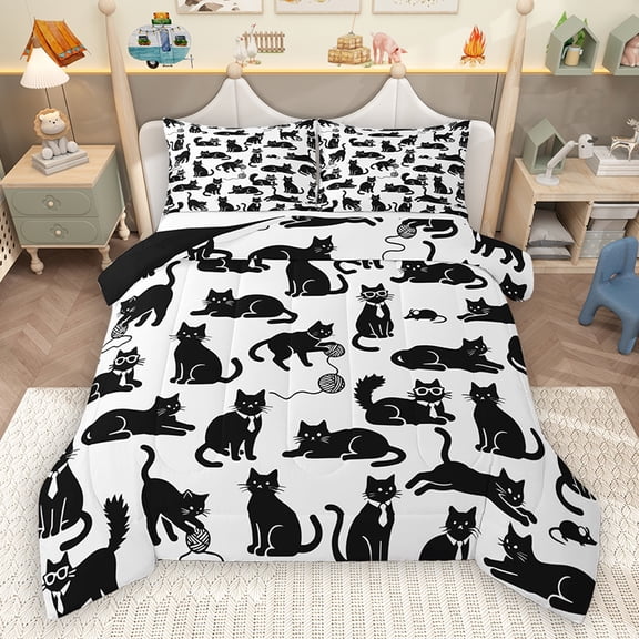 Homewish Funny Cat Kitten Bedding Comforter Set for Kids, White Black Cartoon Twin Comforter Sets, Kawaii Animal Theme Reversible Bedding Set, Super Cozy Room Decor, 2-Piece