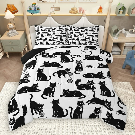 Homewish Funny Cat Kitten Queen Comforter Set for Kids, White Black Cartoon Bedding Sets, Kawaii Animal Theme Reversible Bedding Comforter Set, Super Cozy Room Decor, 3-Piece