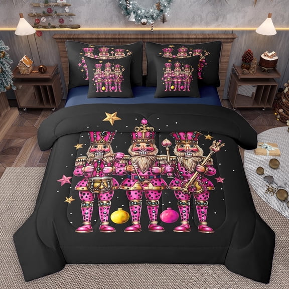 Homewish Funny Christmas Nutcracker 7pcs Bedding Comforter Set,Leopard Stars Print Queen Bedding Sets,Pink Black Queen Sheet Sets For Kids,Breathable Home Decor Reversible