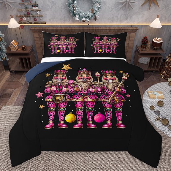 Homewish Funny Christmas Nutcracker Queen Comforter Set,Leopard Stars Print Bedding Sets,Pink Black Bedding Comforter Set For Kids,Breathable Home Decor Reversible,3 Pieces