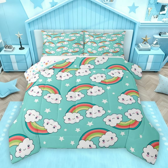 Homewish Funny Cloud Rainbow Bedding Comforter Set, Kawaii Cartoon Stars Twin Comforter Sets, Teens Kids Boys Girls Reversible Bedding Set, Super Cozy Room Decor, 2-Piece