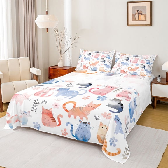Homewish Funny Colorful Cat Full Size Sheets for Kids, Kawaii Kitten Animal Bed Sheets, Cartoon Cherry Blossoms Sheet Sets, Microfiber Bedroom Decor, 4 Pieces