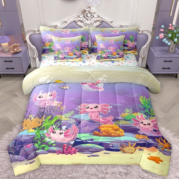 Homewish Funny Cute Axolotl Bedding Comforter Set 7 Pieces for Teens, Dreamy Ocean World Full Bedding Set, Kawaii Cartoon Sealife Reversible Fitted Sheet Flat Sheet, Luxury Bedroom Decor