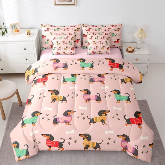 Homewish Funny Dachshund 7 Pieces Full Size Bedding Sets,Dog Paw Bone Full Size Bed in a Bag,Pink,Pink Reversible