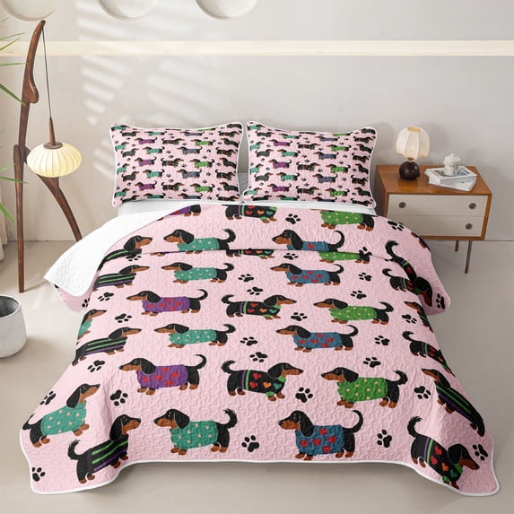 Homewish Funny Dachshund Animal Bed Spread Queen,Dog Paw Print Queen Coverlet Set,Pink,3pcs