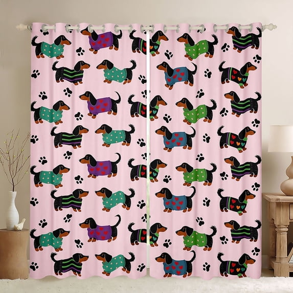 Homewish Funny Dachshund Animal Blackout Curtains,Dog Paw Print Curtains Pack of 2 (42x84 Each),Pink