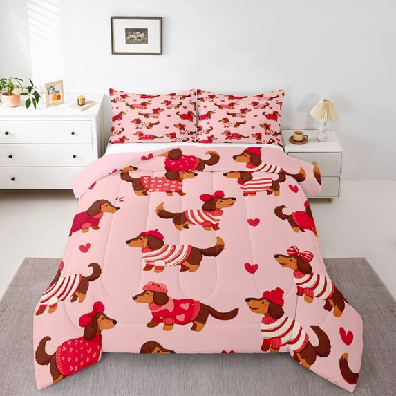 Homewish Funny Dachshund Animal Full Size Comforter Sets,Red Heart Bedding Comforter Set,Pink,Pink Reversible,3-Piece,1 Comforter and 2 Pillowcases