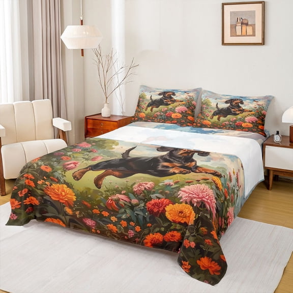 Homewish Funny Dachshund Animal Twin Sheet Sets, Western Rustic Floral Twin Fitted Sheet, Oli Printing Flat Sheet, Breathable Home Decor, 3-Piece
