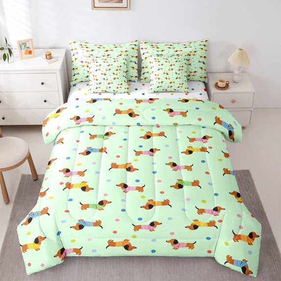 Homewish Funny Dachshund Dog 7-Piece King Bedding,Kawaii Pet King Bed in a Bag,Green,Polkadot Reversible